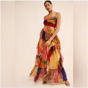 Anthropologie Siddhartha Bansal Multi Color Chiffon  Paradise Maxi Dress Size L